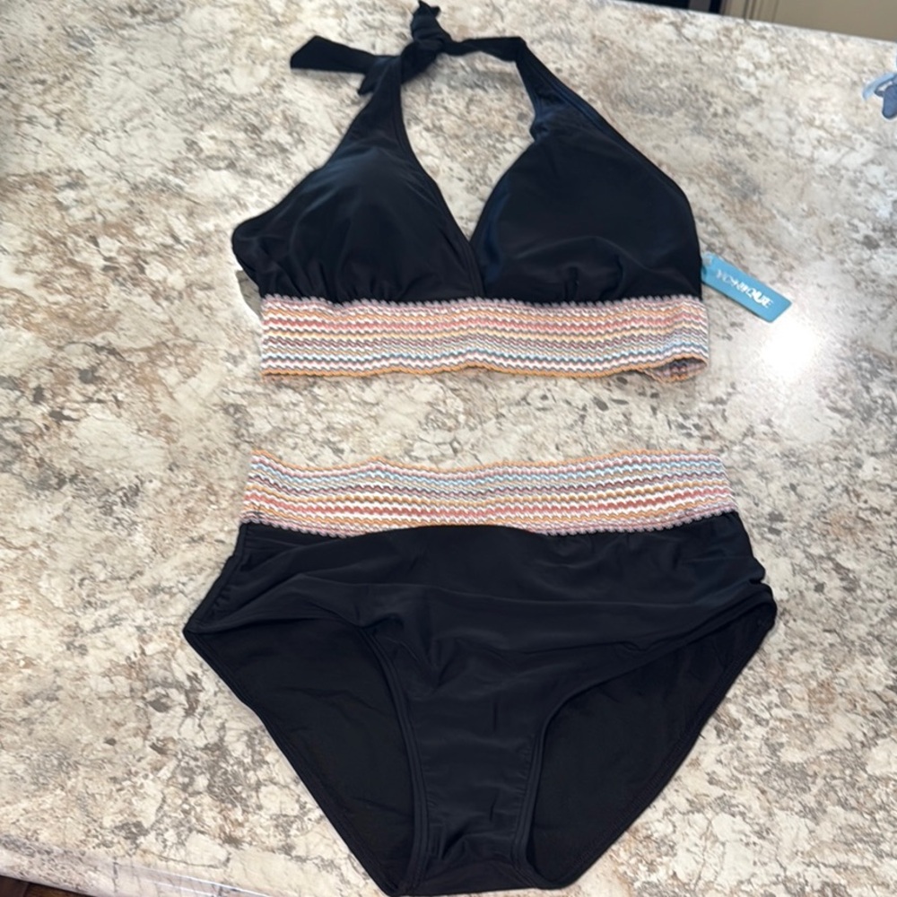 Black Bikini with Multicolor Striped Band